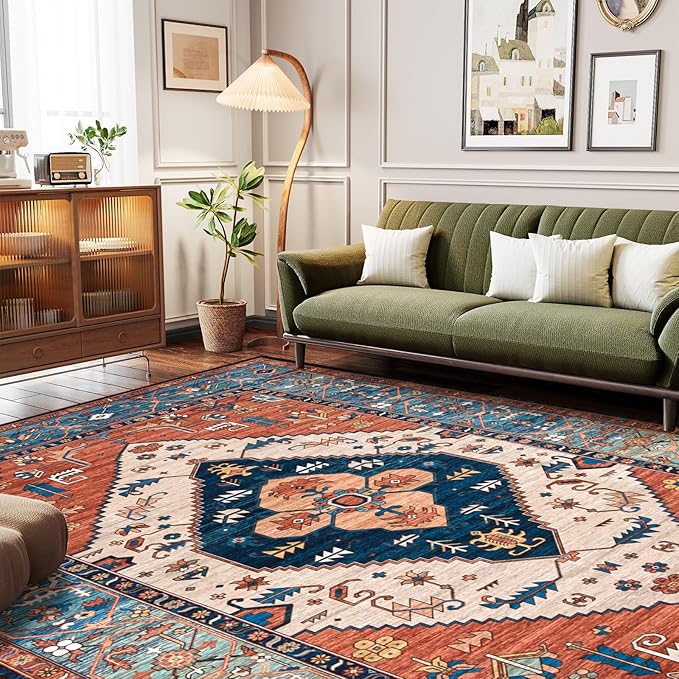 Lahome Oriental Washable Rug 6x9, Non-Slip Ultra-Thin Living Room Area Rug, Stain Resistant Vintage Carpet for Bedroom Dining Room Office