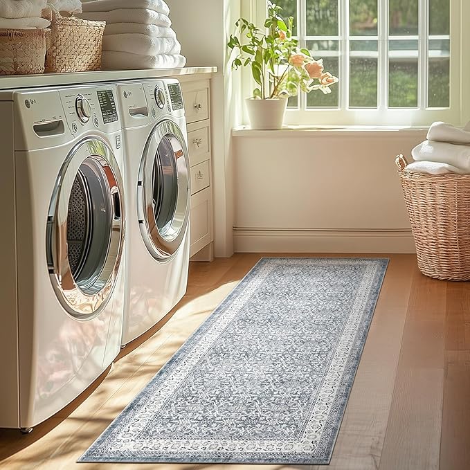 jinchan Floral Runner Rug 2x5 - Machine Washable Grey Vintage Distressed Design Soft Non-Slip Low-Pile Ultra-Thin Runner Rug for Kitchen Hallway Laundry Room Entryway Farmhouse (2‘x5', Grey)