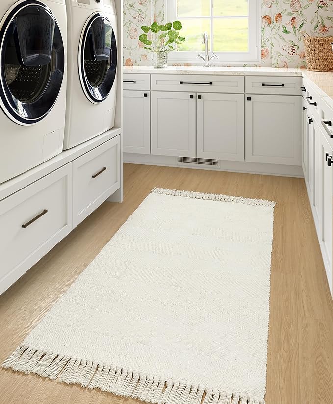 Collive Washable Area Rug 3' x 5', Modern Woven Kitchen Rugs, White/Beige Braided Cotton Rug Indoor Door Mat Throw Carpet for Entryway Living Room Nursery Mudroom Laundry Room