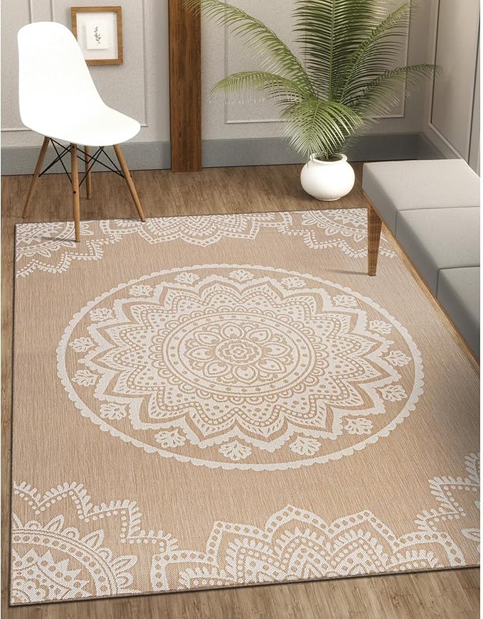 CAMILSON Outdoor Rug 10x14 Modern Area Rugs for Large Indoor and Outdoor Patios and Porches - Washable, Non-Shedding, Easy-to-Clean Outside Carpet (10 x 14, Medallion - Beige/White)