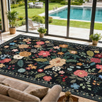 Extra Large 10x14 Area Rug for Living Room, Washable Rugs for Dining Room, Bedroom, Non Slip Stain Resistant Carpet, Low Pile Vintage Floral Rug (Black)