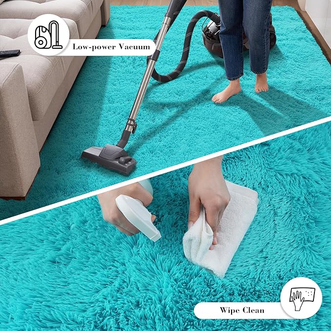 Teal Blue Rug Fluffy Rugs, 5x8 Teal Area Rugs for Bedroom, Soft Cute Baby Play Mat, Indoor Floor Carpet for Teen, Nursery, Preppy Dorm, Plush Aesthetic Bedside Rug