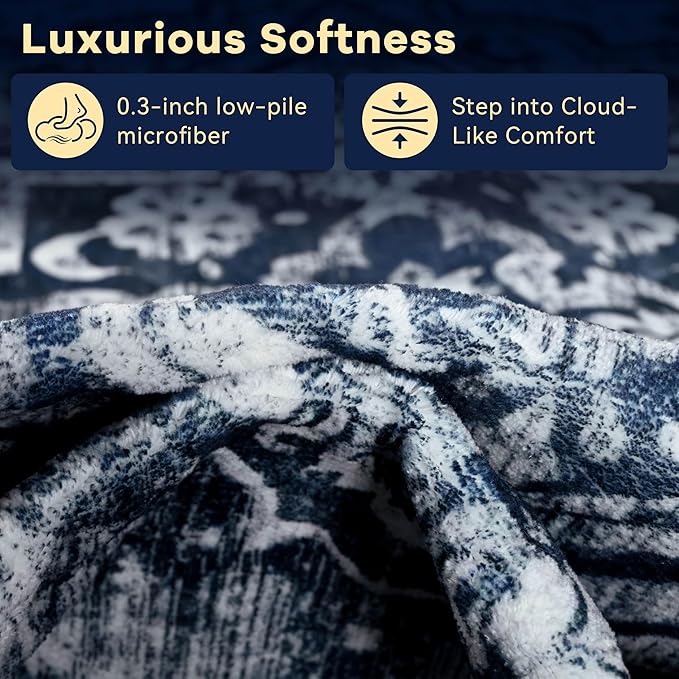 YJ.GWL Area Rugs for Living Room 5x7 Machine Washable Rugs, Non Slip Floral Vintage Rug Indoor Carpet, Stain Resistant Large Rug for Bedroom Dining Room, Navy Blue