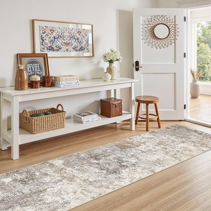 2X8 Washable Runner Rug for Hallway: Soft Neutral Modern Abstract Area Rug - Non-Slip Low Pile Long Throw Indoor Carpet for Kitchen Entryway Kitchen Bedroom Laundry- Brown Grey