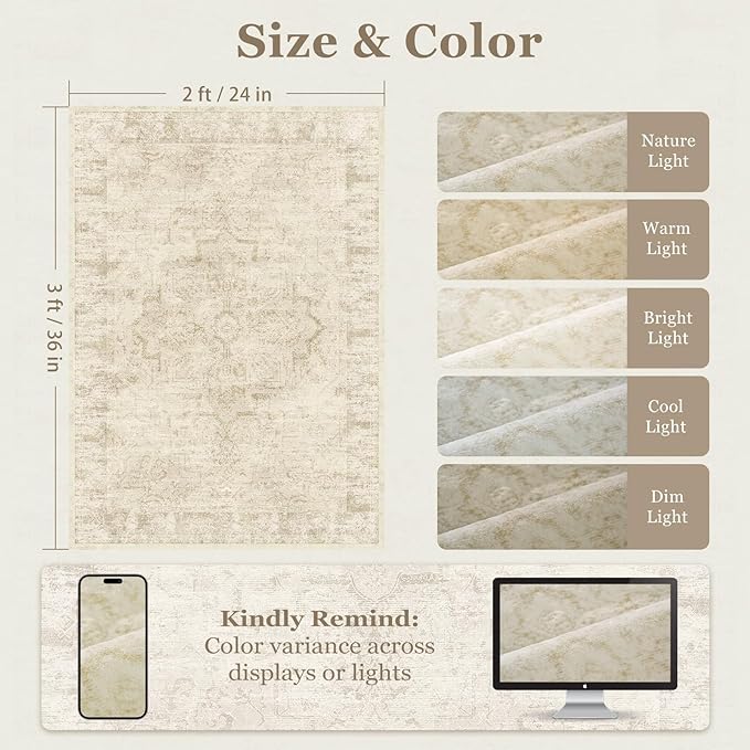Distressed Beige Kitchen 2x3 Rugs Non Slip Washable, Natural Farmhouse Vintage Medallion Pinted Door Mat Indoor Entrance Entryway, Small Low Pile Rugs for Bathroom Vanity/Laundry Room/Bedroom