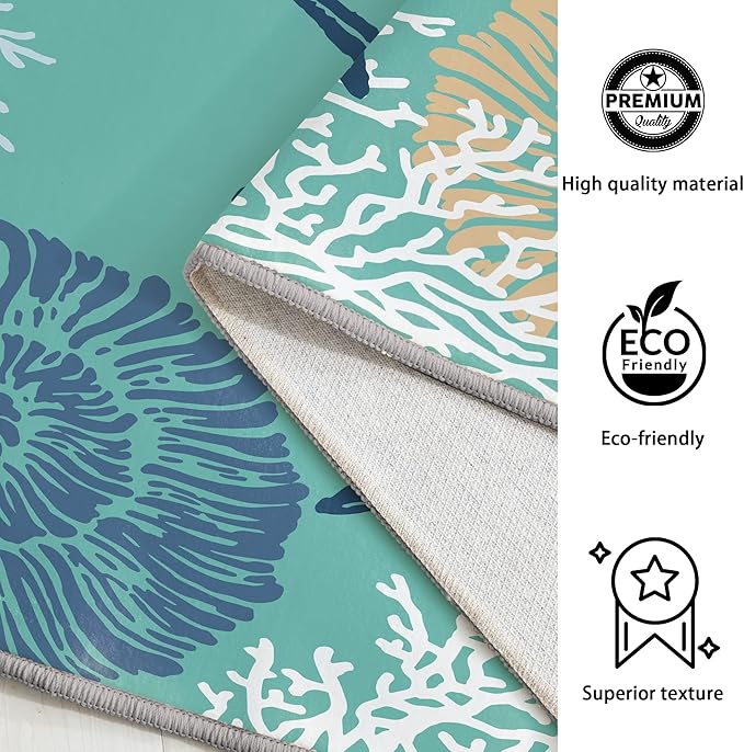 Tritard Coastal Area Rugs Nautical Beach Themed Non-Slip Machine Washable Rugs Modern Floor Carpet for Living Room Bedroom, 8x10, Teal and Turquoise