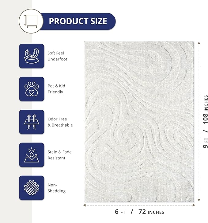 Abani Cozy Cream Area Rug for Living Room, Bedroom - Swirl Waves Pattern - 6' x 9' - Durable & Easy to Clean
