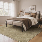 Bavni 5x7 Area Rugs for Living Room, Machine Washable Rug Non Slip, Vintage Chenille Distressed Print Carpet, Large Low Pile Ultra-Thin Lightweight Rugs for Bedroom, Dining Room, Office, Nut Brown
