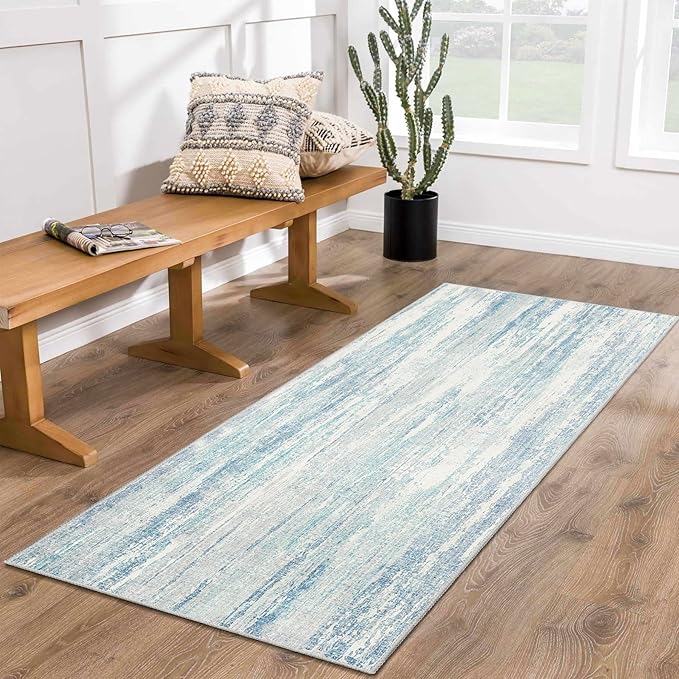 MUJOO Washable Runner Rug 2x6,Modern Abstract Area Rugs for Hallways Kitchen Bedroom Entryway Bathroom Laundry,Non Slip Carpet Long Mat Indoor,Low Pile Throw Rug Accent Neutral Blue