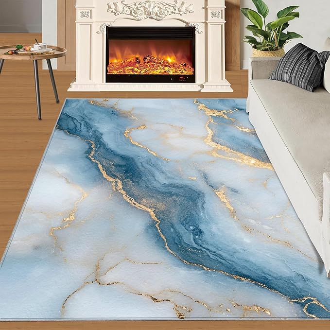 3x4 Abstract Marble Rugs for Entryway - Blue-White-Marble Kids Bedroom Rug, Luxury Stone Pattern Mudroom Rug Soft for Coffee Shop Living Room Under Table Game Room