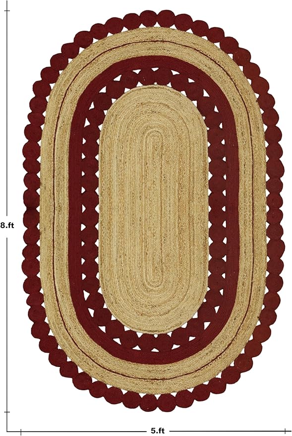 10x14 Jute Oval Rug – Flatweave Kilim Oval Rug, Solid Red Beige, 0.27" Thick Hand Braided Jute, Handmade Boho Carpet for Bedroom, Living Room, Dining Area