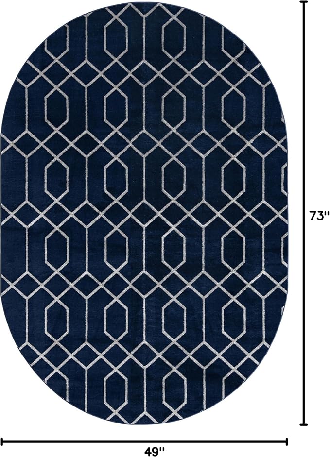 Unique Loom Glam Collection Area Rug - Trellis (4' 1' x 6' 1' Oval, Navy Blue Silver/ Silver)
