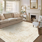 6x9 Vintage Washable Area Rugs Boho Medallion Large Distressed Retro Accent Carpet Floral Non-Slip Soft Low Pile Indoor Throw Rug for Living Room Bedroom Dining Room Office Kitchen, Beige