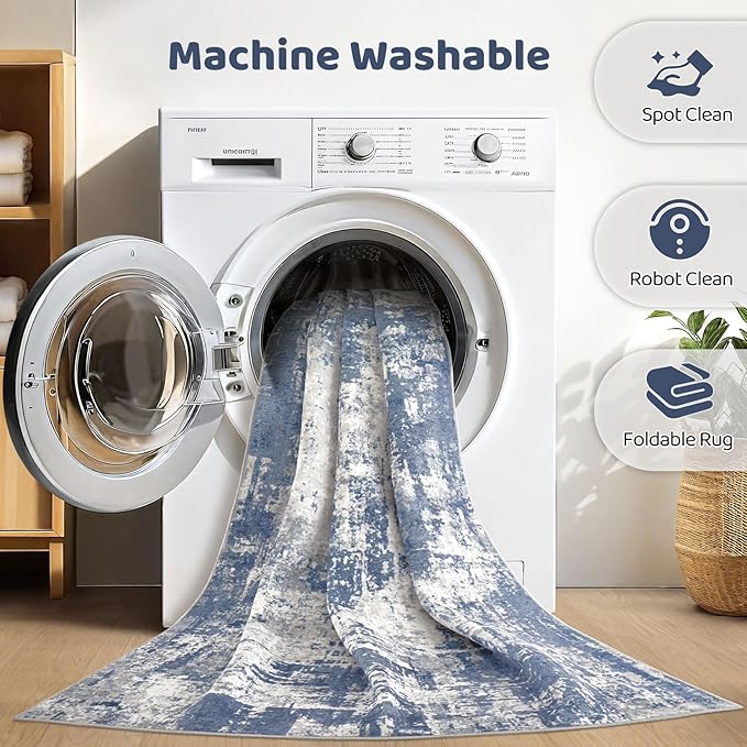 8x10 Area Rugs Living Room: Washable Large Abstract Modern Soft Rug Stain Resistant Indoor Floor Non Slip Accent Carpet for Bedroom Nursery Playroom Dining Room Office Dorm Home House- Navy Grey