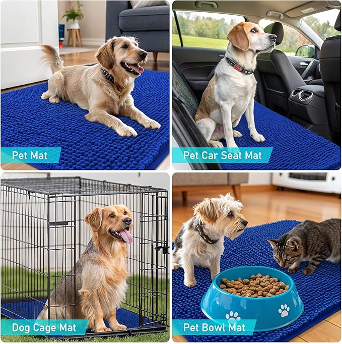 OLANLY Dog Door Mat for Muddy Paws 47x20, Absorbs Moisture and Dirt, Absorbent Non-Slip Washable Doormat, Quick Dry Chenille Mud Mat for Dogs, Entry Indoor Entryway Carpet for Inside Floor, Royal Blue