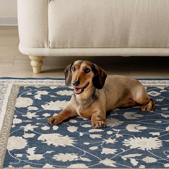 EVERGRACE Area Rugs for Entryway 2x3, Boho Floral Faux Wool Indoor Outdoor Small Rugs, Washable Rugs for Bedroom Bathroom Laundry Doormat, Low Pile Floor Mat Carpet for Home Decor, Navy Blue