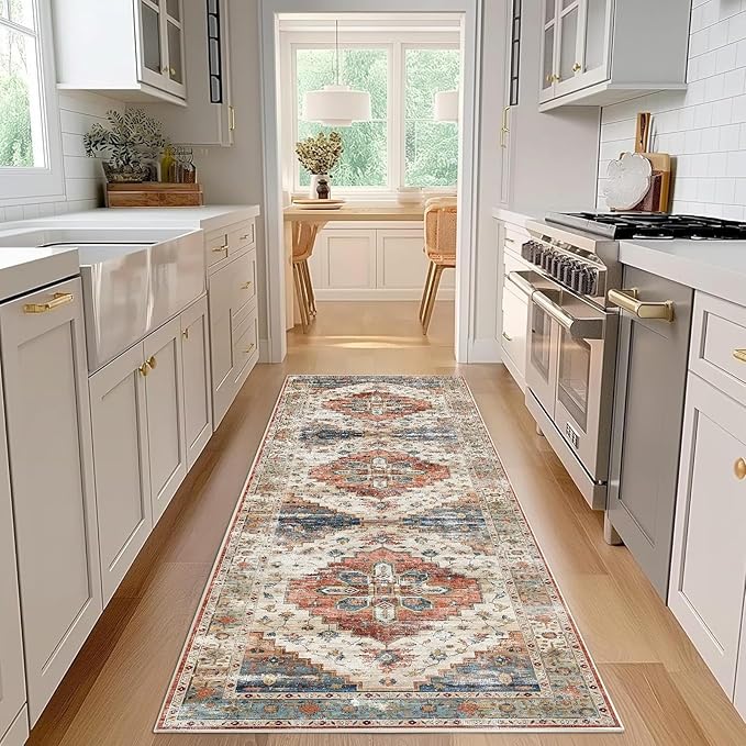 Enkor Runner Rugs for Hallway, 2.6x8 Washable Soft Non Slip Floor Rugs for Kitchen, Modern Mat for Living Room Bedroom Entryway Beige & Red