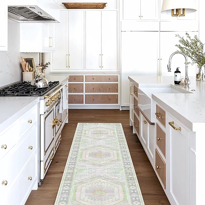 Fame Living Washable Area Rug. Modern Farmhouse. Vintage. Turkish. Bohemian. Distressed. Oriental. Traditional. Rugs for Living Room. Dining. Bedroom. Office. Entryway. Foyer. (856GrnCrm, 2'5" x 4'9")