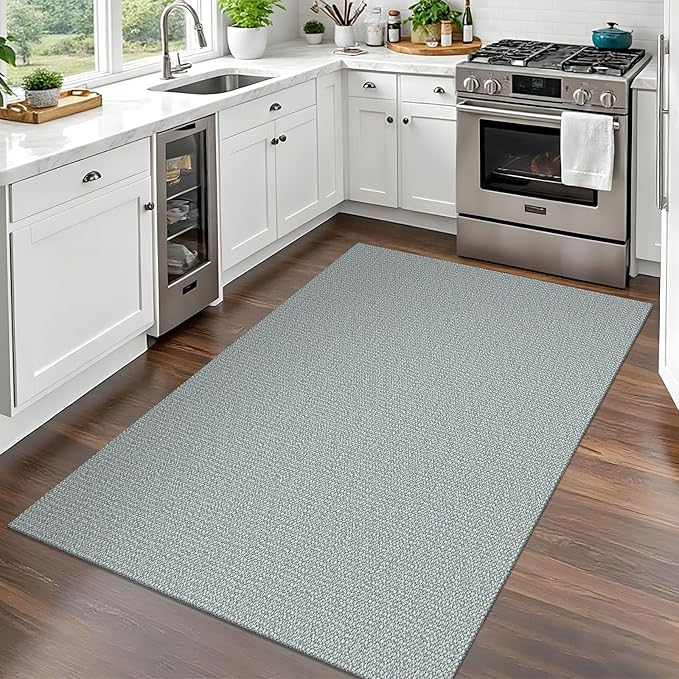 EARTHALL Washable Area Rug 3x5 Ft Non Slip Rugs for Entryway, Non Slip Braided Throw Rugs Door Mat Indoor Outdoor Entrance, Cotton Woven Carpet for Kitchen Foyer Front Door, Turquoise/Gray