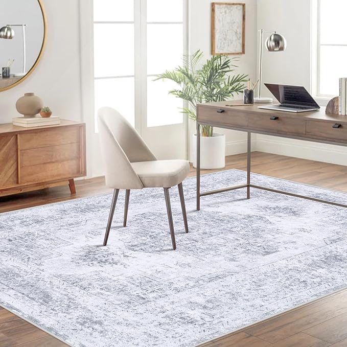 Area Rug 4x6 Vintage Rug, Machine Washable Vintage Distressed Medallion Rug Non-Slip Soft Low Pile Large Indoor Rugs for Bedroom Kitchen Dining Room Office(LightGrey,4'x6')