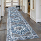 KOZYFLY Runners for Hallways 2.6x16 Ft Extra Long Washable Kitchen Runner Rug Boho Runner Rug for Entryway Indoor Blue Printed Oriental Faux Wool Stair Floor Carpet Runner for Stair Kitchen Hall