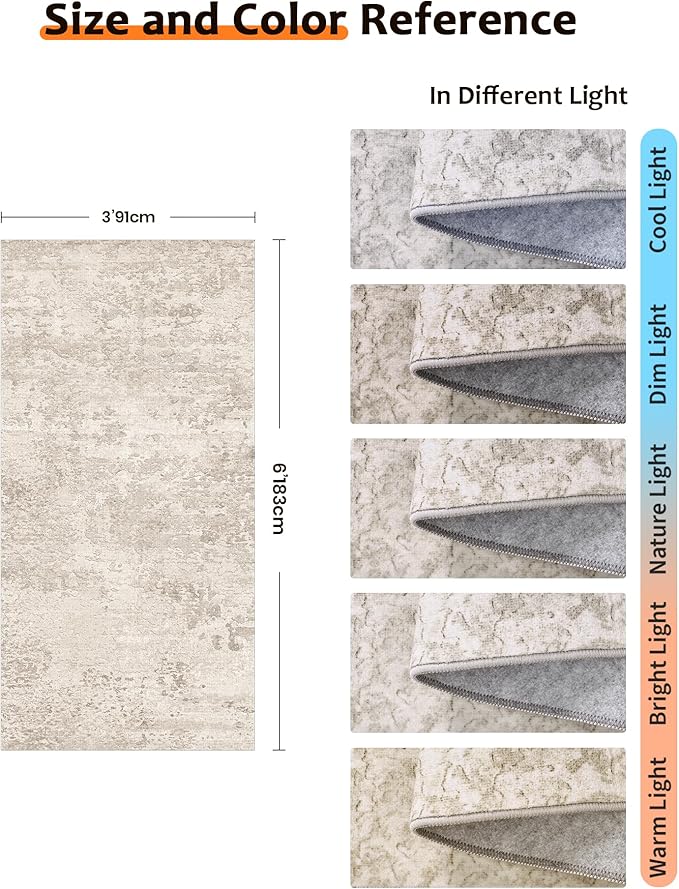 Art&Tuft Non-Slip Runner Rug - 3x6 Runner Rug Washable Low-Pile Rugs Runners, Soft Distressed Carpet Runner for Bedroom Bathroom Kitchen Laundry Living Room, Beige