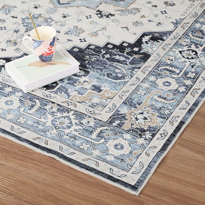 Dripex Washable Area Rug 6x9 Living Room Rug Stain & Water Resistant Foldable Thin Vintage Rugs Faux Wool Floor Carpet for Bedroom Dining Room Kitchen Bathroom Farmhouse Office