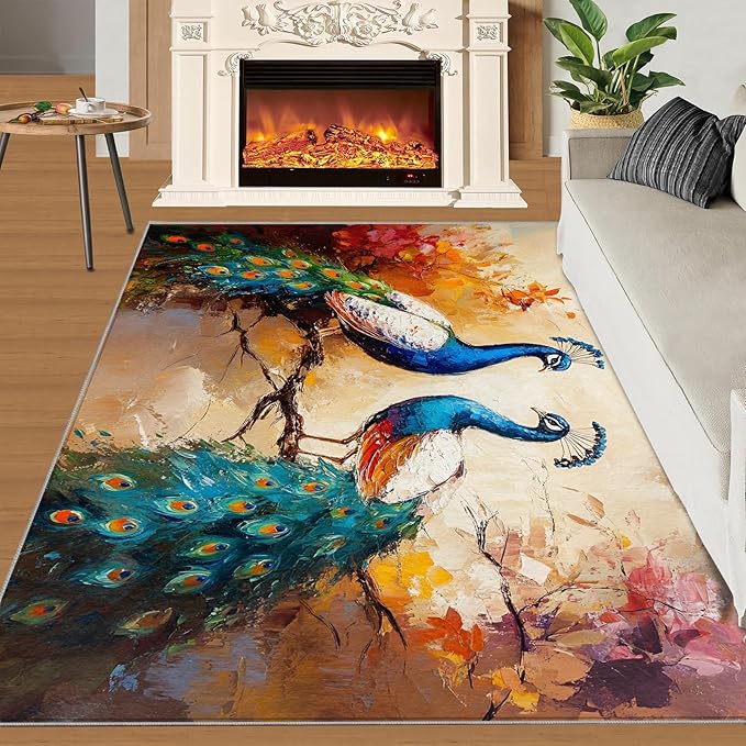 Peacock Rug 5x6-5x6 Rug, Classic Peafowl Floral Area Rugs for Bedroom, Peacock Couples Rugs for Living Room, Oil Painting Art Washable Mat, Aesthetics Carpet - Peafowl Home Decor & Gifts