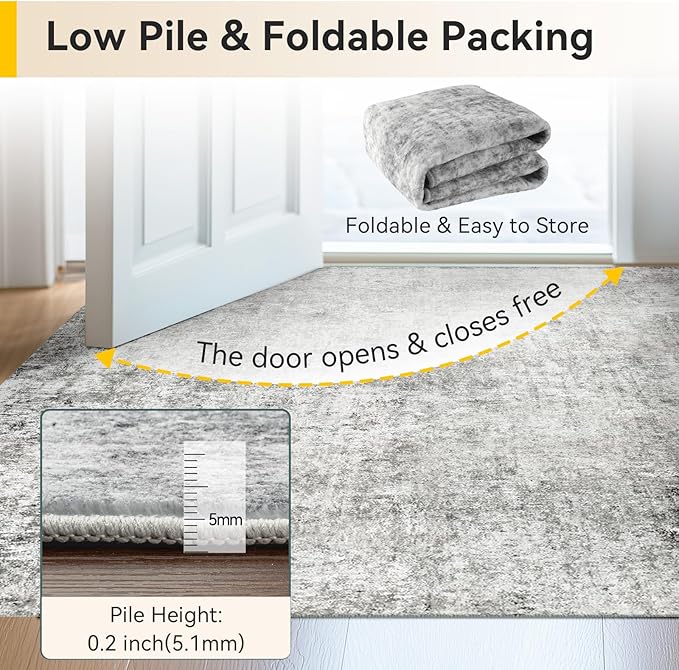 Washable Area Rugs 6'x9' Non-Slip Modern Abstract Soft for Living Room Entryway Bedroom Nursery, Print Pattern, Gray White Grey