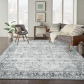 LIVEBOX Washable 9x12 Area Rug for Living Room, Large Grey Neutral Boho Floral, Soft Anti-Skid Thin, Vintage Faux Wool for Office, Bedroom, Dining Room