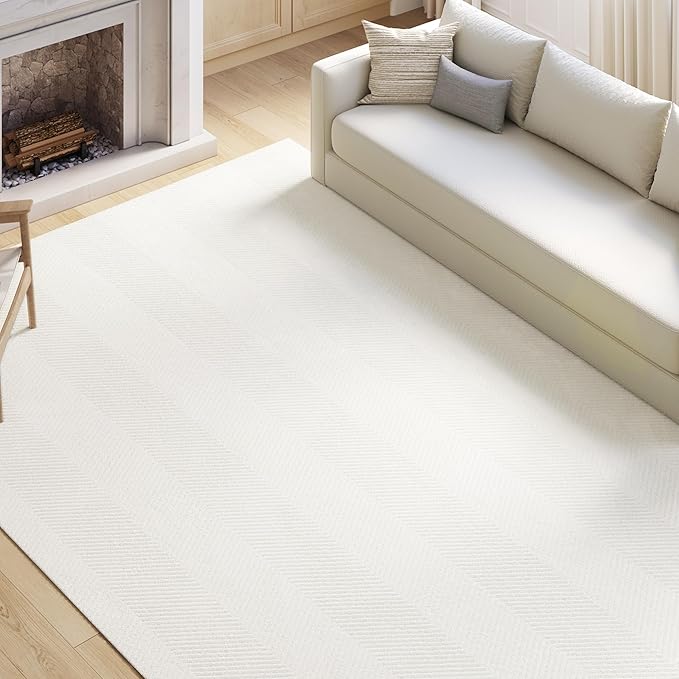 Area Rug for Living Room - 6x9 Soft Faux Rabbit Fur Modern Geometric Wave Carpet for Bedroom, Light Beige