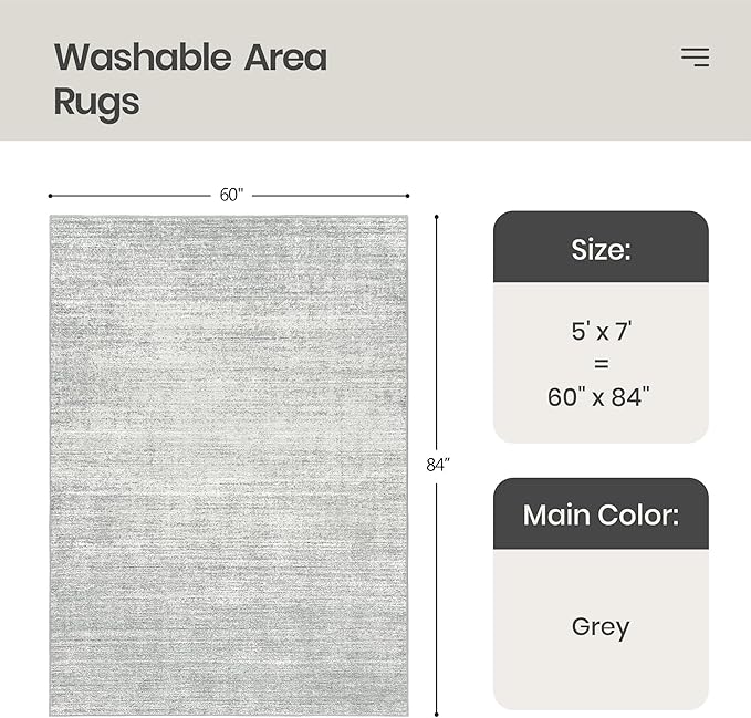 Valenrug Washable Rug 5x7 - Stain Resistant 5x7 Area Rugs for Living Room, Non Slip Backing Printed Rugs for Bedroom, Folable Machine Washable Area Rug (5'x7', Grey)