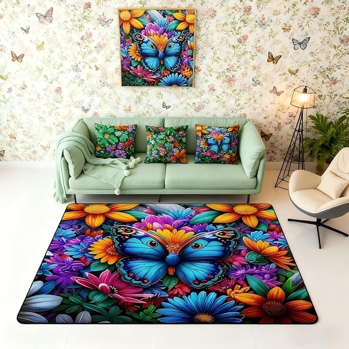 Colorful Butterfly 5x7 Area Rug Rainbow Flowers Living Room Rug | Rustic Butterflies Rugs for Bedroom, Watercolor Beetles Aesthetic Animal Carpet Indoor Floor Mat
