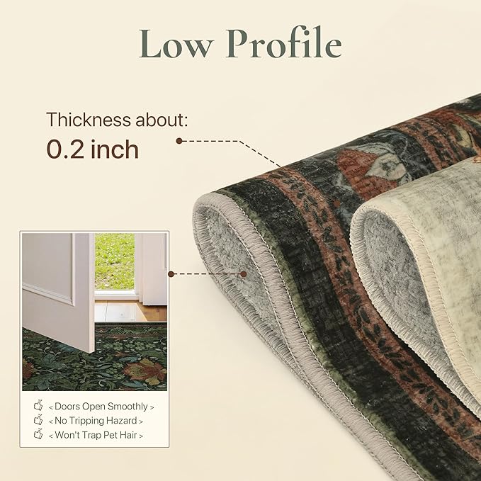 Bavni 8x10 Area Rugs for Living Room, Microfiber Machine Washable Non-Slip Vintage Floral Rug, Low Pile Lightweight Carpet for Bedroom, Dining Room, Home Office, Dark Green