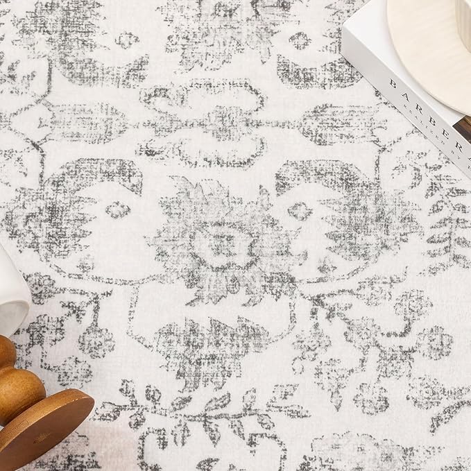 Gray Runner Rug 2x6 Hallway Machine Washable Kitchen Vintage Distressed Non Slip Long Carpet Indoor Grey Retro Floral Bedroom Accent Throw Rug for Bathroom Office Laundry Dining Living Room