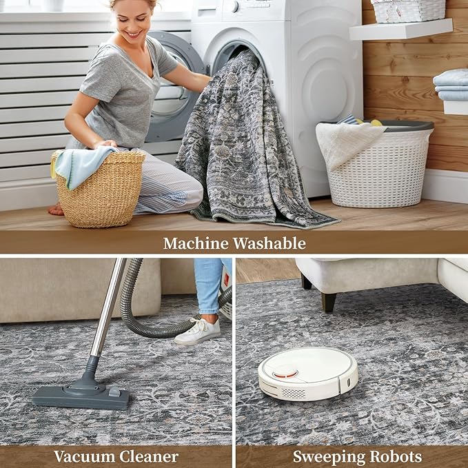 MontVoo-Vintage Area Rug 9X12 Grey Rugs for Living Room-Soft Distressed Printed Rugs for Bedroom-Non Slip Carpet-Machine Washable Rug for Dining Room Living Room Bedside Office