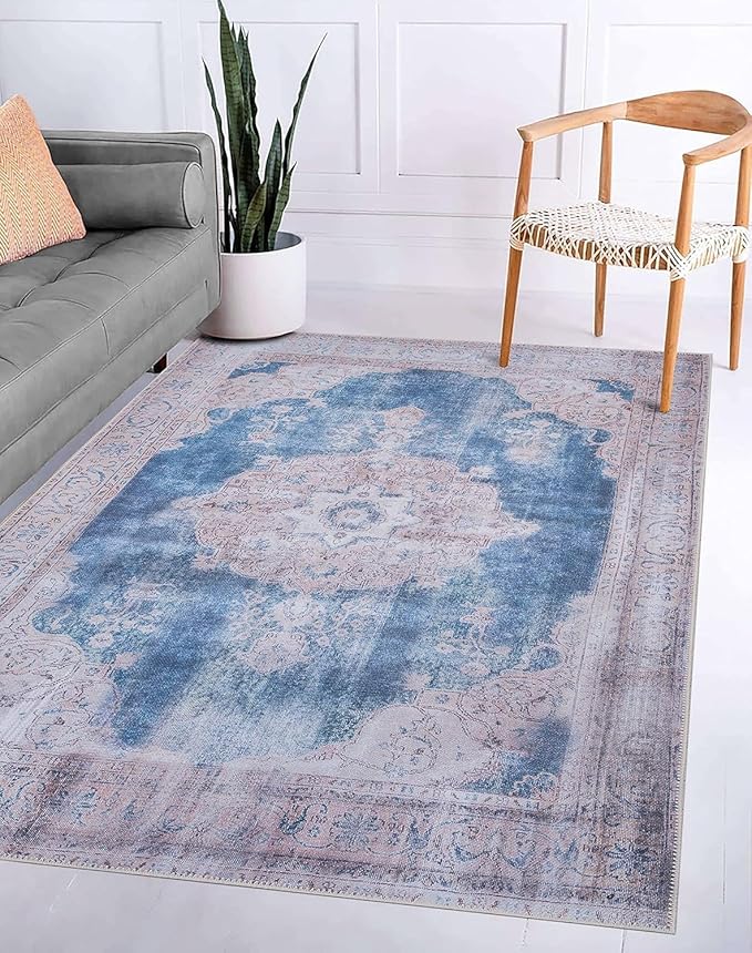GLN Rugs Traditional Collection - Machine Washable Area Rug, Traditional Washable, Non Slip, Low Pile Chenille Rug, Living Room, Bedroom, Kitchen Rug (6' x 9' Cream/Navy)