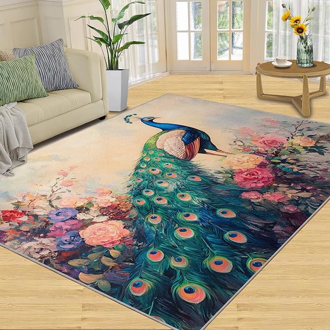 Peacock Peony Rug 4x5-4x5 Rug, Classic Peacock Peony Area Rugs for Bedroom, Teal Turquoise Rugs for Living Room, Peafowl Washable Mat, Malachite Green Feather Carpet - Peafowl Home Decor & Gifts
