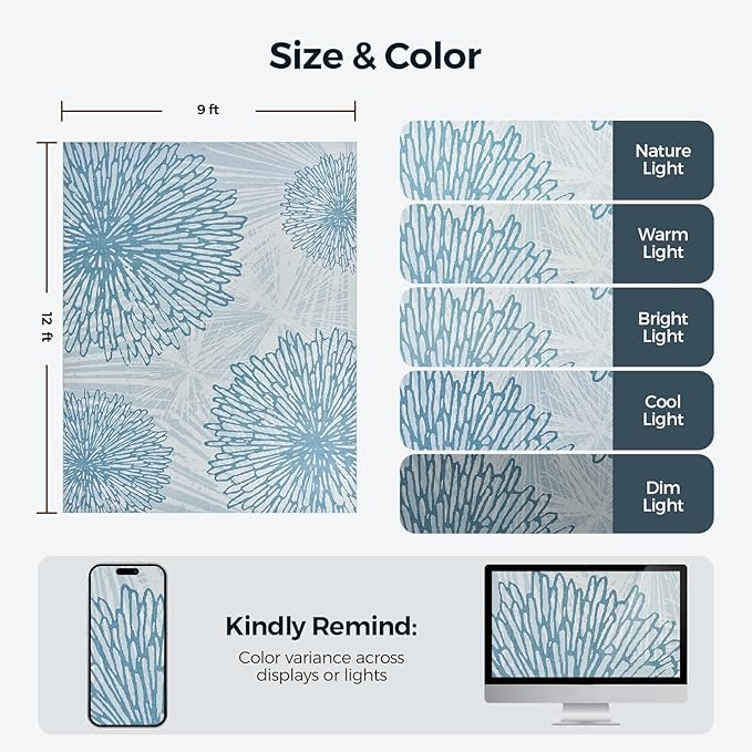WITSHOCK 9x12 Washable Rug for Living Room,Modern Floral Distress Print Pattern Area Rugs,Stain Resistant with Non Slip Backing Carpet for Dining Room,Bedroom & Home Decor,Blue/Light Blue