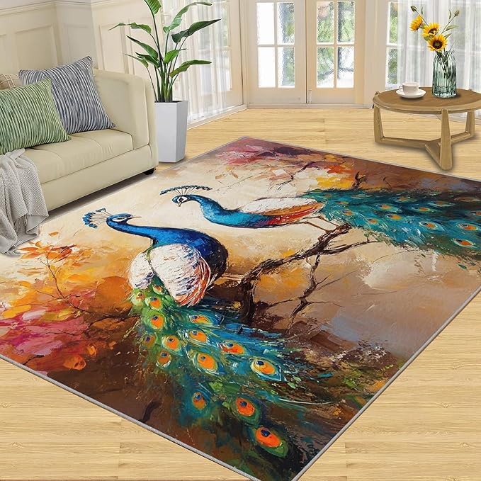 Peacock Rug 5x6-5x6 Rug, Classic Peafowl Floral Area Rugs for Bedroom, Peacock Couples Rugs for Living Room, Oil Painting Art Washable Mat, Aesthetics Carpet - Peafowl Home Decor & Gifts