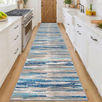 Modern Abstract Runner Rug 3x16, Blue Washable Long Kitchen Runner Non-Slip Soft Hallway Rug Runner Ultra Thin Print Faux Wool Carpet for Entryway Bedroom Laundry Room Indoor Home Decor