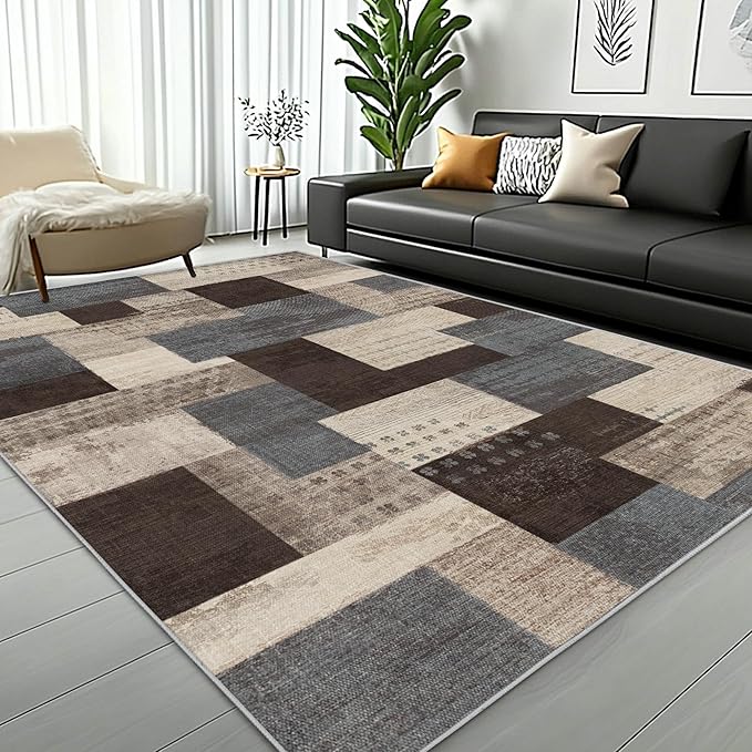 Modern Geometric Patchwork Indoor Area Rug for Living Room, Blue-Taupe 9'x 12' Large Rug Rockwood Collection Hardwood Floors Decor for Bedroom, Blue Throw Carpet for Office Entryway Dining Room