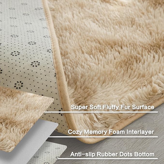Andency 8x10 Area Rugs for Living Room, Upgrade Non-Slip Fluffy Soft Large Shag Bedroom Carpet, Tie-Dyed Khaki Big Indoor Thick Nursery Rug for Kids Dorm Home Decor Aesthetic