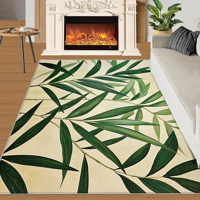 3x5 Bamboo Leaves Dorm Rug - Realistic Botanical Art Small Rugs for Bedroom, Minimalist Leaves Area Rug Washable Non Slip for Bedroom Kitchen Living Room Entryway