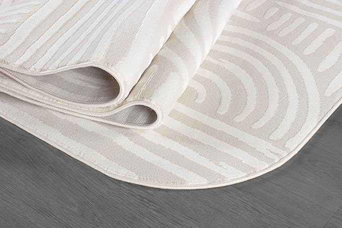 Beverly Rug Modern Geometric Area Rug 4x6 Low-High Pile Durable Soft Abstract Curved Indoor Rugs for Living Dining Room Office Stain Resistant Non Shedding Casual Indoor Carpet Beige White 4 x 6