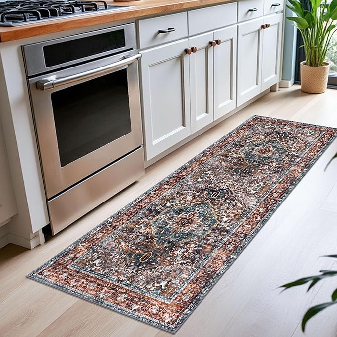 KOZYFLY Runners for Hallways 2x6 Ft Washable Kitchen Runner Rug Boho Runner Rug for Entryway Indoor Printed Oriental Faux Wool Floor Carpet Runner for Bedroom Kitchen Hall, Brick Red/Orange/Green