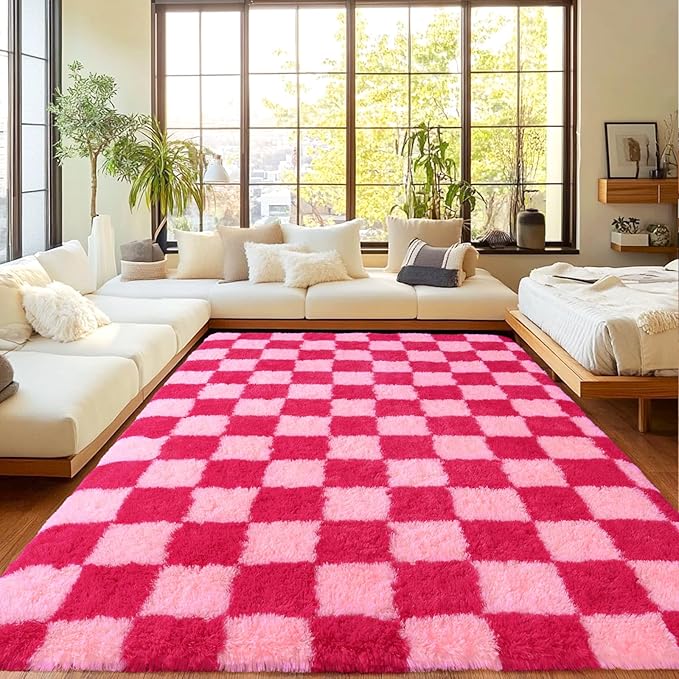Area Rugs for Living Room, Soft Shaggy Carpets for Living Room, Fuzzy Rugs for Kids' Room, Perfect Decor for Modern Home Hot Pink Grid 5x7 Feet