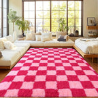 Area Rugs for Living Room, Soft Shaggy Carpets for Living Room, Fuzzy Rugs for Kids' Room, Perfect Decor for Modern Home Hot Pink Grid 4x6 Feet