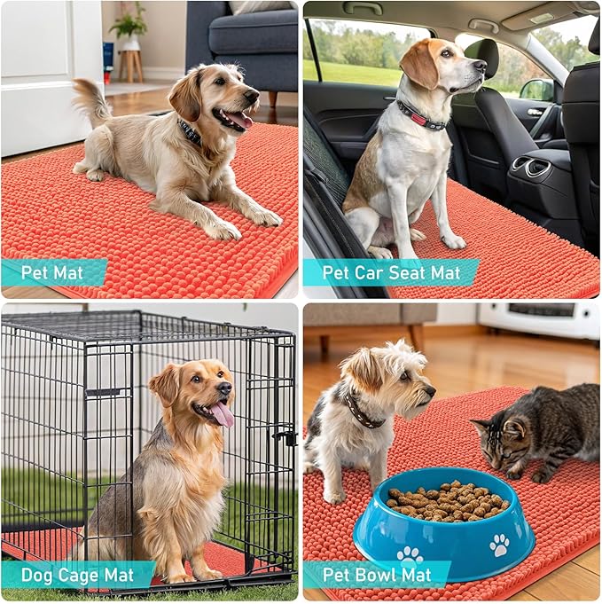 OLANLY Dog Door Mat for Muddy Paws 48x30, Absorbs Moisture and Dirt, Absorbent Non-Slip Washable Doormat, Quick Dry Chenille Mud Mat for Dogs, Entry Indoor Entryway Carpet for Inside Floor, Coral