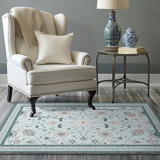 EVERGRACE Area Rugs for Living Room 3x5, Boho Floral Faux Wool Indoor Outdoor Rugs, Washable Rugs for Bedroom Entryway Dining Room Hallyway, Low Pile Floor Mat Carpet for Home Decor, Pale Blue